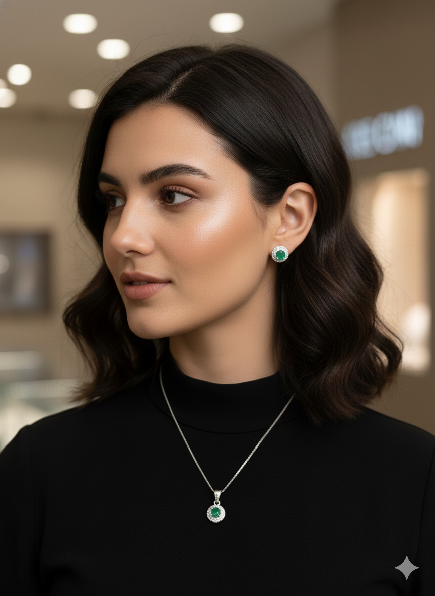 Conjunto De Aretes y Collar En Plata Ley 925 Con Esmeralda Natural Colombiana - Image 2