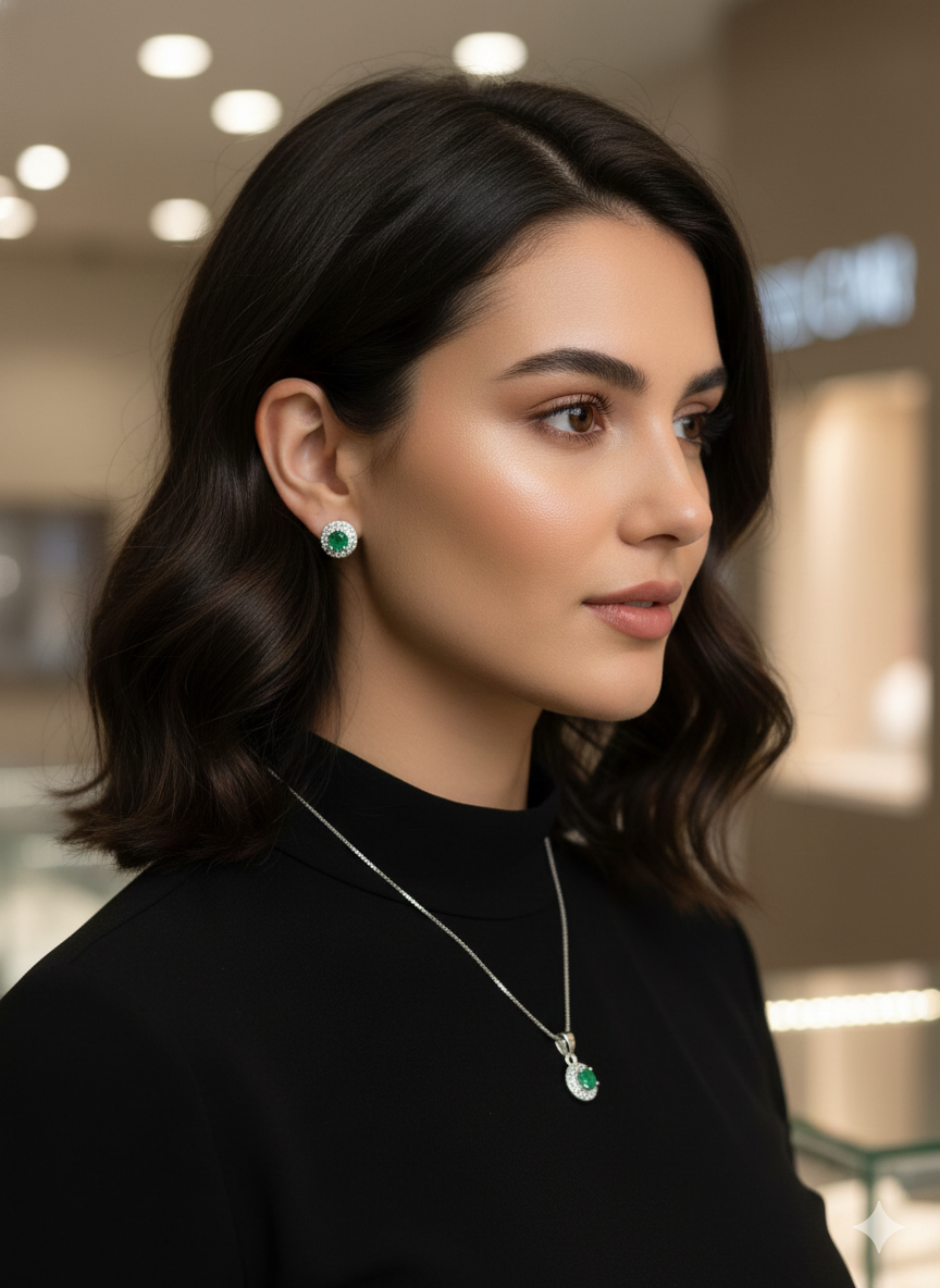 Conjunto De Aretes y Collar En Plata Ley 925 Con Esmeralda Natural Colombiana - Image 3